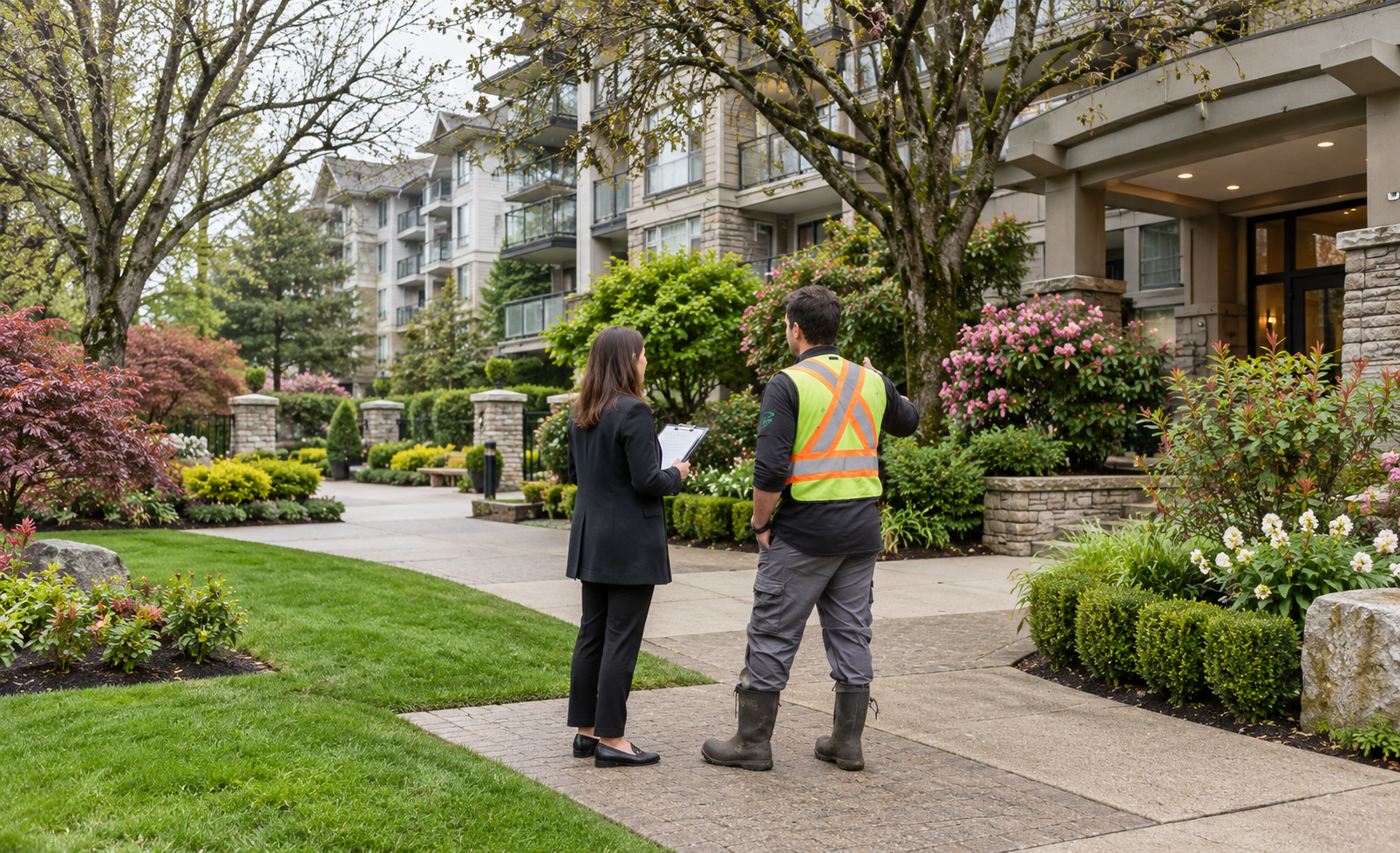 Maintained grounds at a Metro Vancouver strata property, meeting with the property manager. 