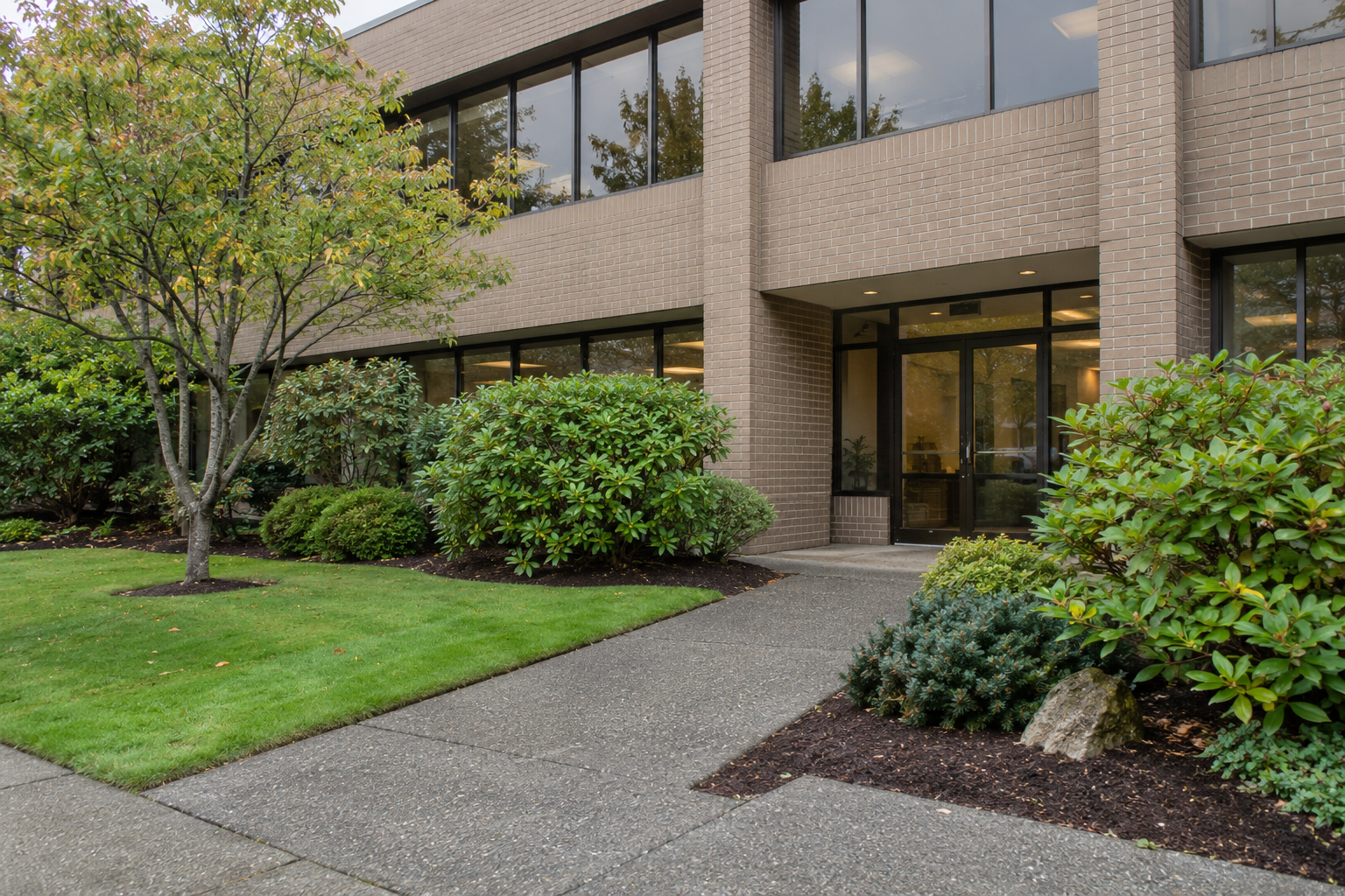 modest office building with landscaped grounds